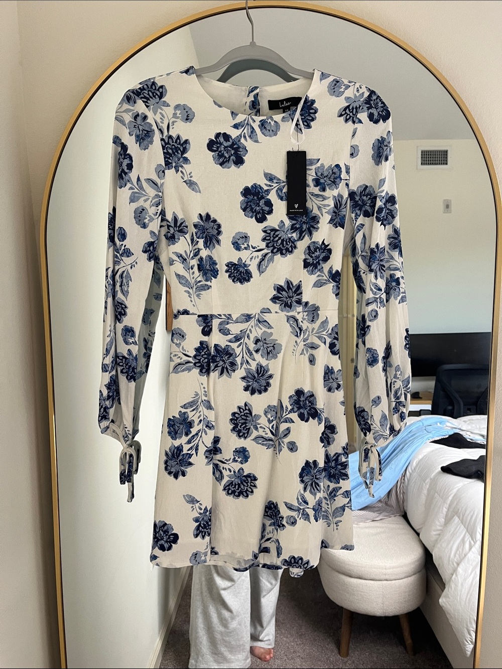 Lulu's White Mini Dress with Blue Floral Print — Long Sleeve